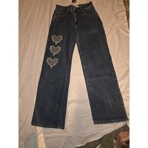 Lizette Collection Jeans With 3 Jewled Open Hearts On Right Leg. Size M. Wide...